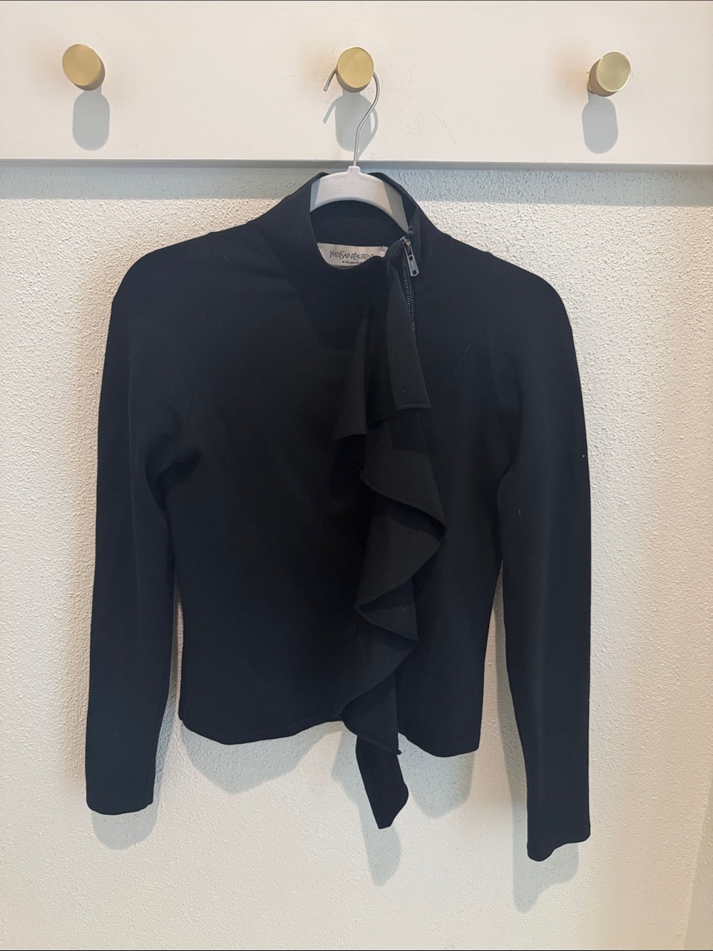 Vintage Yves Saint Laurent Black Ruffled Zip-Front Sweater Cardigan